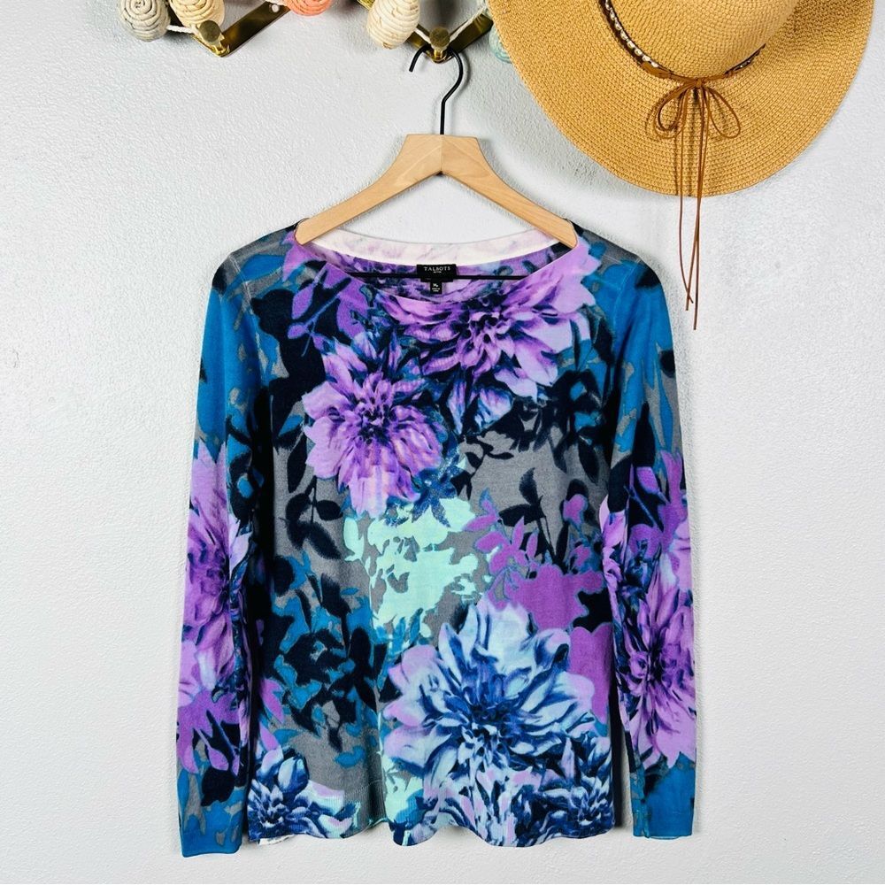 Talbots Floral Print Pure Merino Wool Lightweight Sweater Petite Medium MP